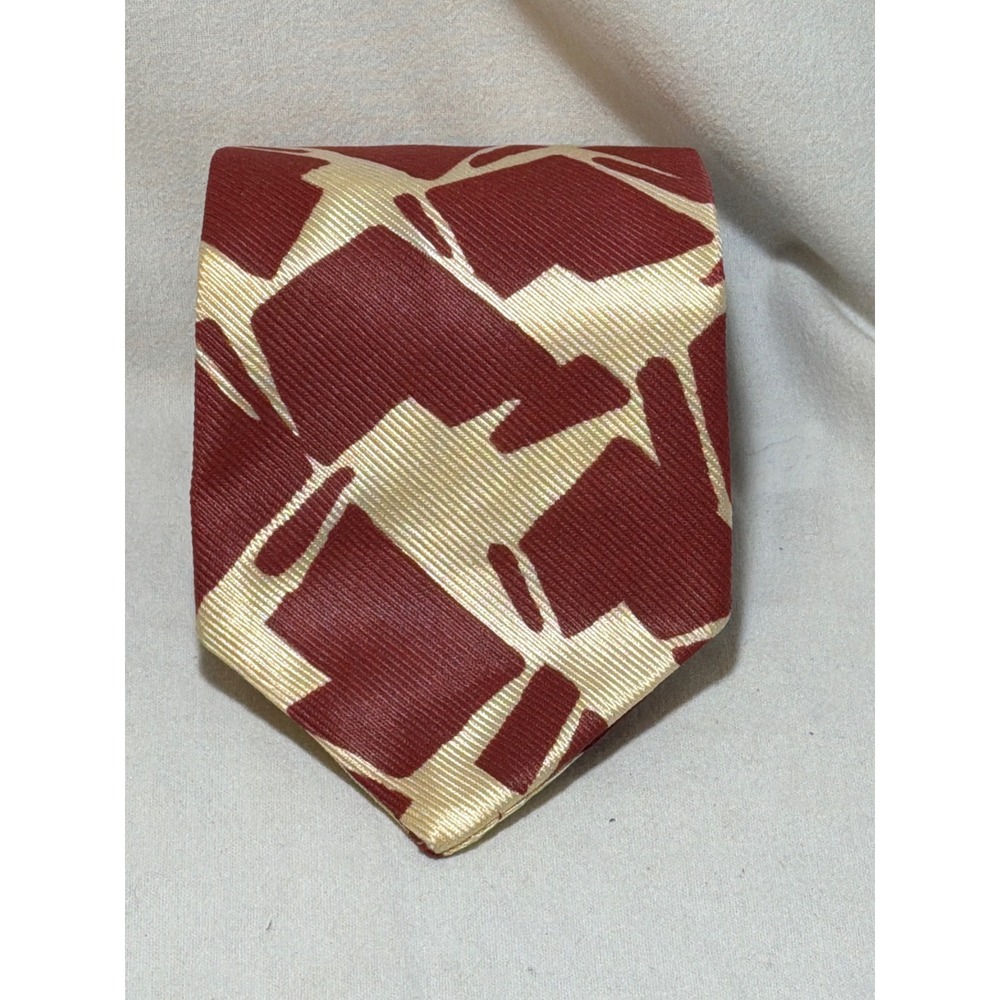 Mens Burgundy Cream Abstract Geometric Silk Necktie Wide Blade Ribbed Texture